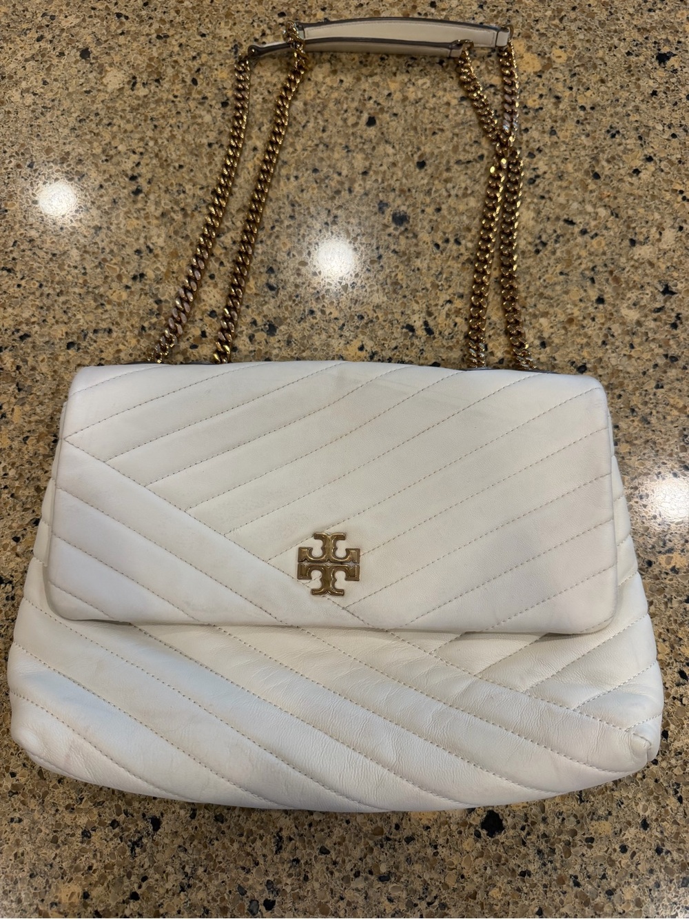 Tory Burch Kira Cream Quilted Leather Chain Bag with Matte Gold Hardware